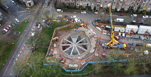This aerial shot shows the storm tank underneath Bruntsfield Links during construction