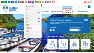 Showing the front page of the Scottish water website with ReciteMe toolbar