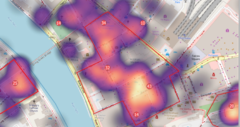 An aerial view of a heat map of Inverness city centre with colour-coded areas showing sewer blockages over the past 3 years