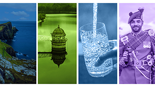 Front cover image of the Interim Report and Accounts showing sea view, reservoir, glass and man in kilt with Scottish Water refillable bottle