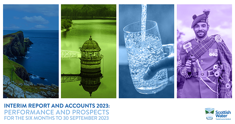 Front cover of Scottish Water interim report and accounts showing seaview, reservoir, glass and man in kilt with refillable bottle